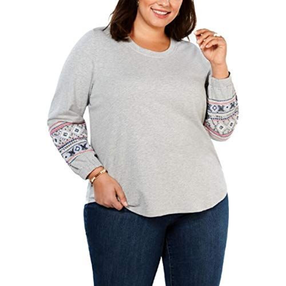 Style & Co. Plus Size Cotton Embroidered-Sleeve Sweatshirt